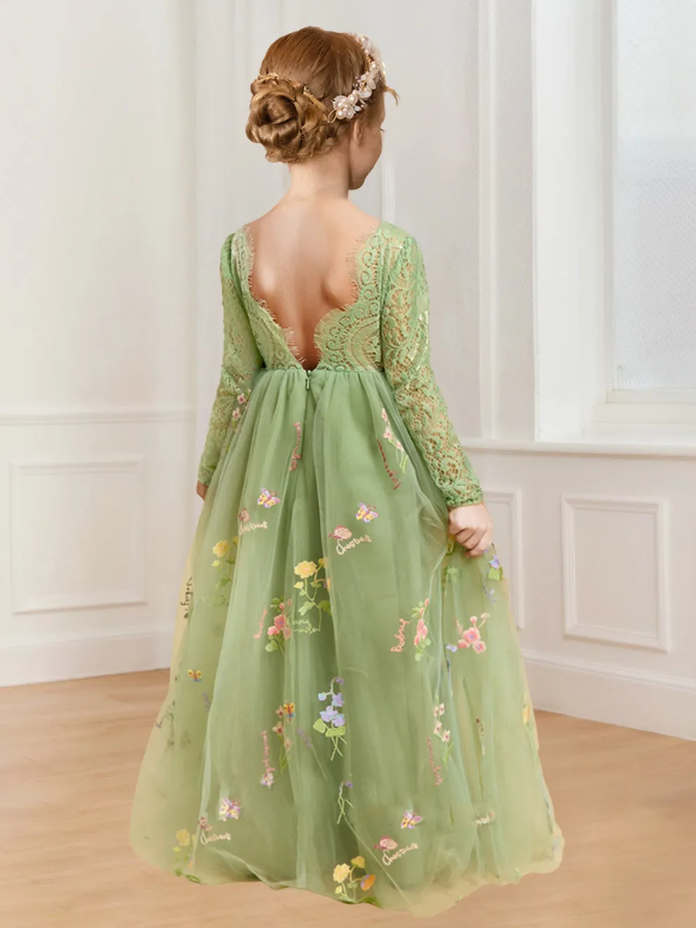 A-Line/Princess Scoop Neck Long Sleeves Tulle Flower Girl Dresses with Floral Embroidery sold by Lavetir product image thumbnail 2