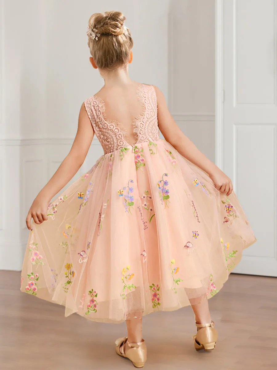 A-Line/Princess Scoop Neck Lace Tulle Flower Girl Dresses with Floral Embroidery sold by Lavetir product image thumbnail 2