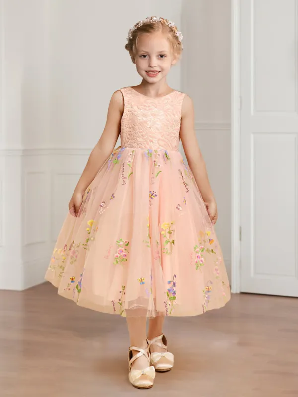 A-Line/Princess Scoop Neck Lace Tulle Flower Girl Dresses with Floral Embroidery sold by Lavetir