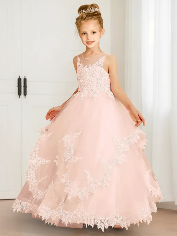A-Line/Princess Scoop Neck Applique Tulle Flower Girl Dresses with Ruffles sold by Lavetir