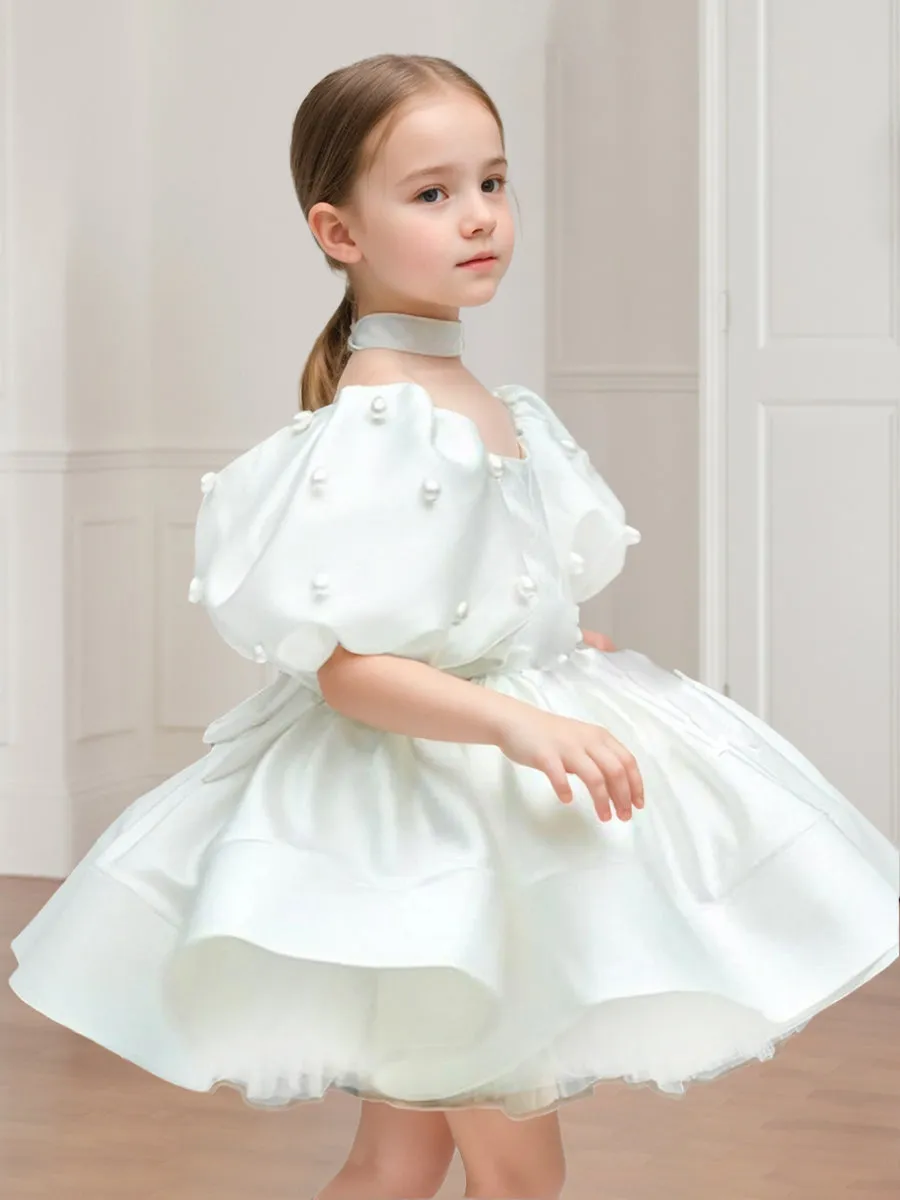 A-Line/Princess Scoop Neck Puff Sleeves Short Flower Girl Dresses with Pearls sold by Lavetir