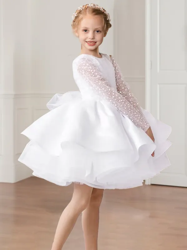 A-Line/Princess Scoop Neck Long Sleeves Short Ruffle Flower Girl Dresses with Polka Dot sold by Lavetir