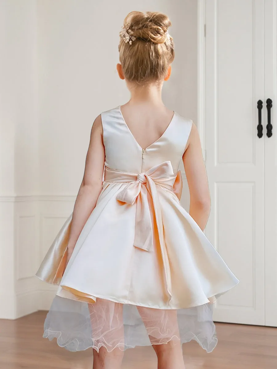 A-Line/Princess Scoop Neck Satin Short Flower Girl Dresses with Bow sold by Lavetir product image thumbnail 2