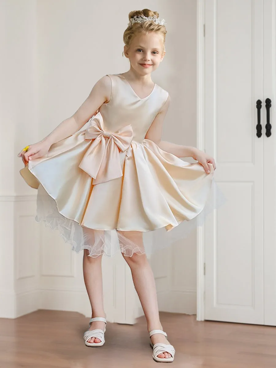A-Line/Princess Scoop Neck Satin Short Flower Girl Dresses with Bow sold by Lavetir