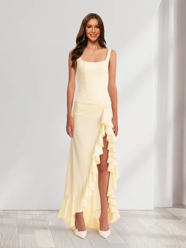 Sheath/Column Square Neck Ruched Ruffle Bridesmaid Dresses with Split Side sold by Lavetir