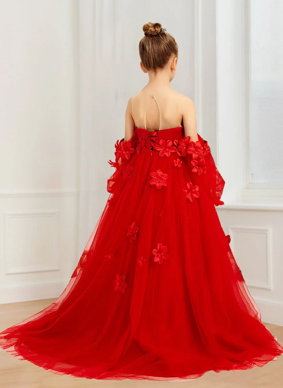 A-Line/Princess Illusion Scoop Neck Puff Sleeves Tulle Flower Girl Dresses with 3D Flowers sold by Lavetir product image thumbnail 2