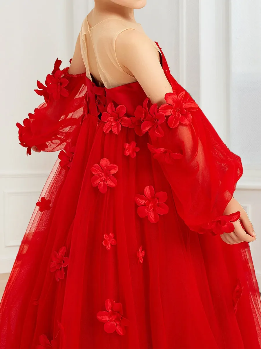 A-Line/Princess Illusion Scoop Neck Puff Sleeves Tulle Flower Girl Dresses with 3D Flowers sold by Lavetir product image thumbnail 3