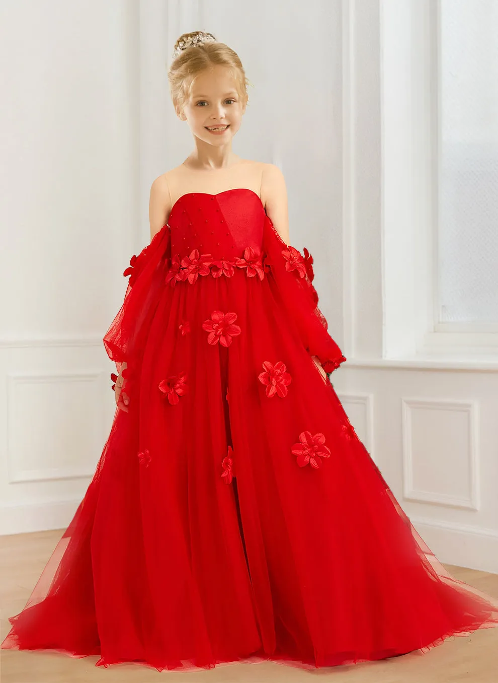 A-Line/Princess Illusion Scoop Neck Puff Sleeves Tulle Flower Girl Dresses with 3D Flowers sold by Lavetir
