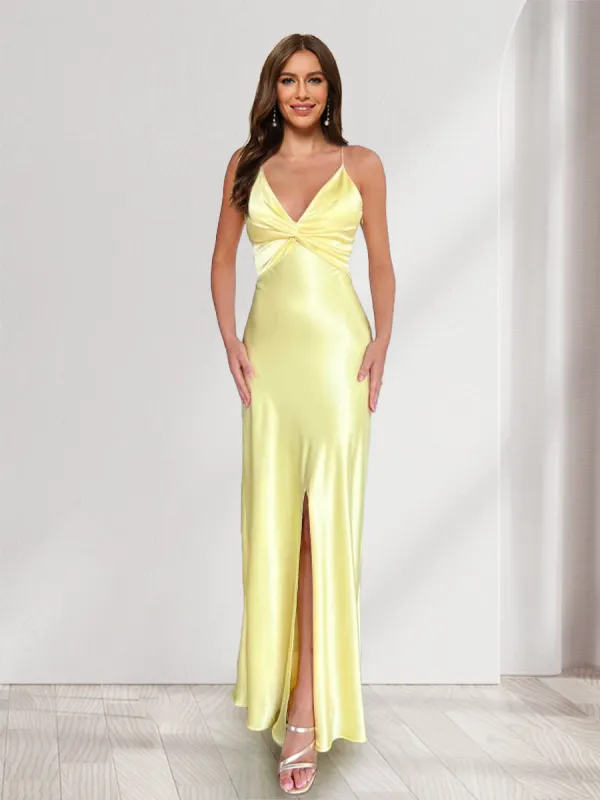 Sheath/Column Straps V-Neck Pleated Long Bridesmaid Dresses with Split Side sold by Lavetir
