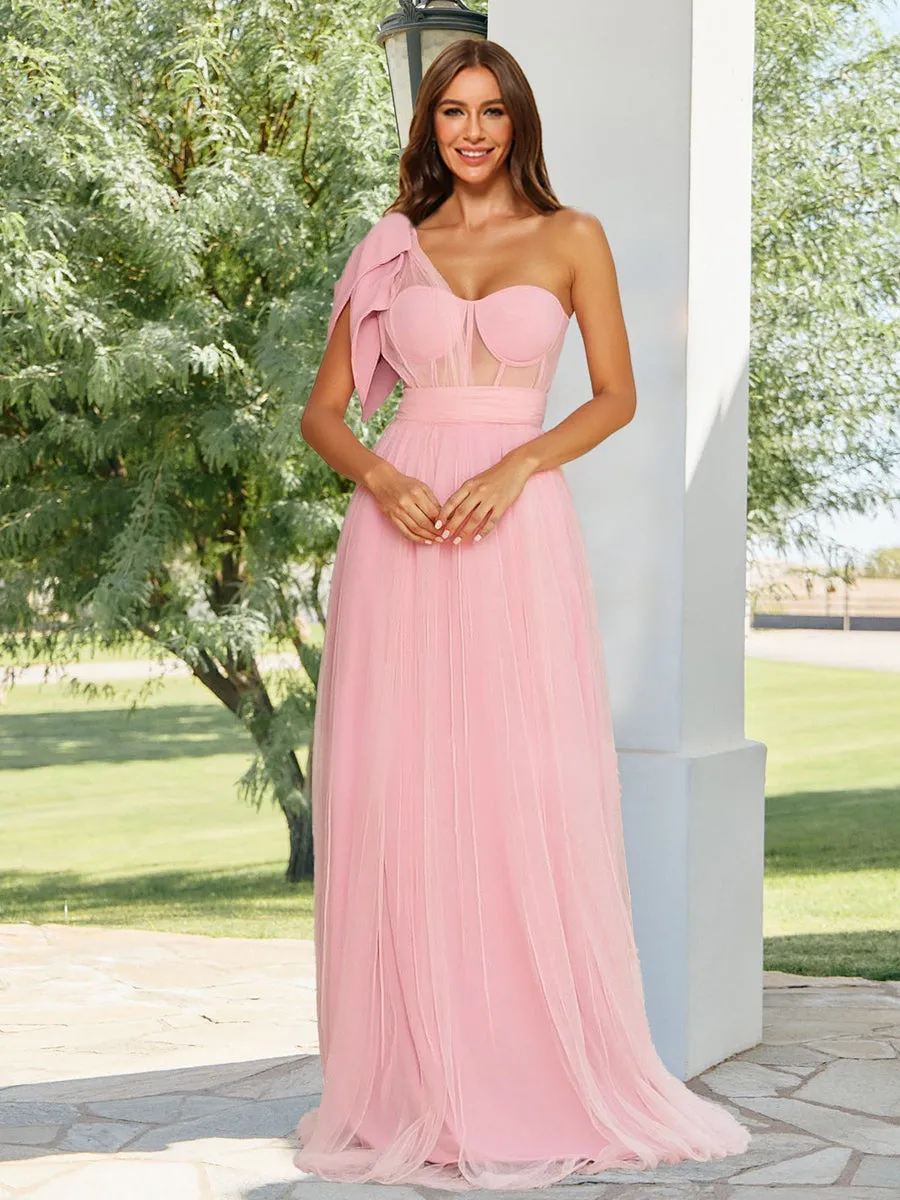 A-Line/Princess One-Shoulder Sheer Corset Long Bridesmaid Dresses with Bow sold by Lavetir