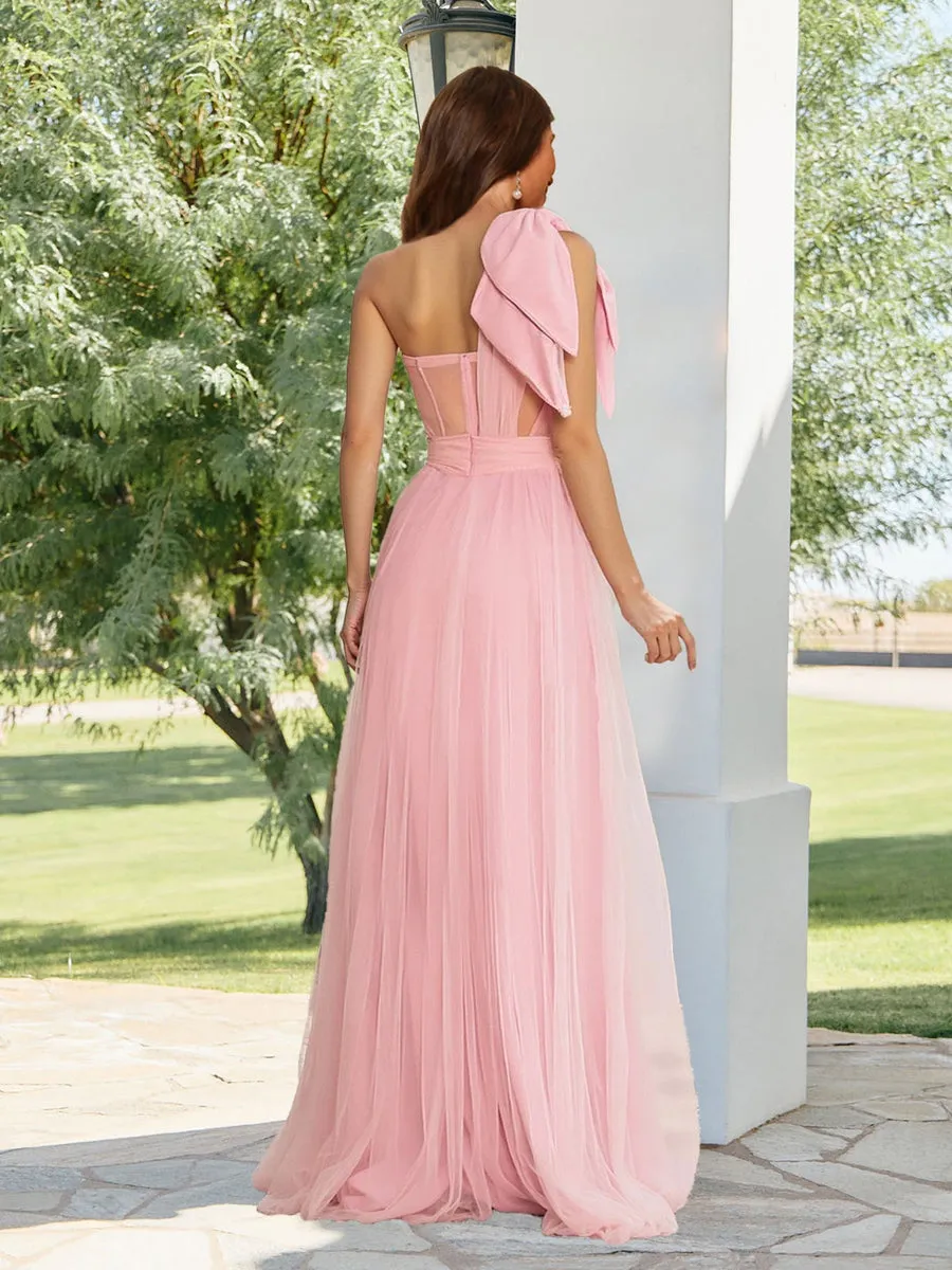 A-Line/Princess One-Shoulder Sheer Corset Long Bridesmaid Dresses with Bow sold by Lavetir product image thumbnail 2