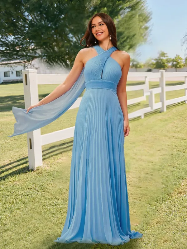 A-Line/Princess Halter Keyhole Pleated Long Bridesmaid Dresses with Cape sold by Lavetir