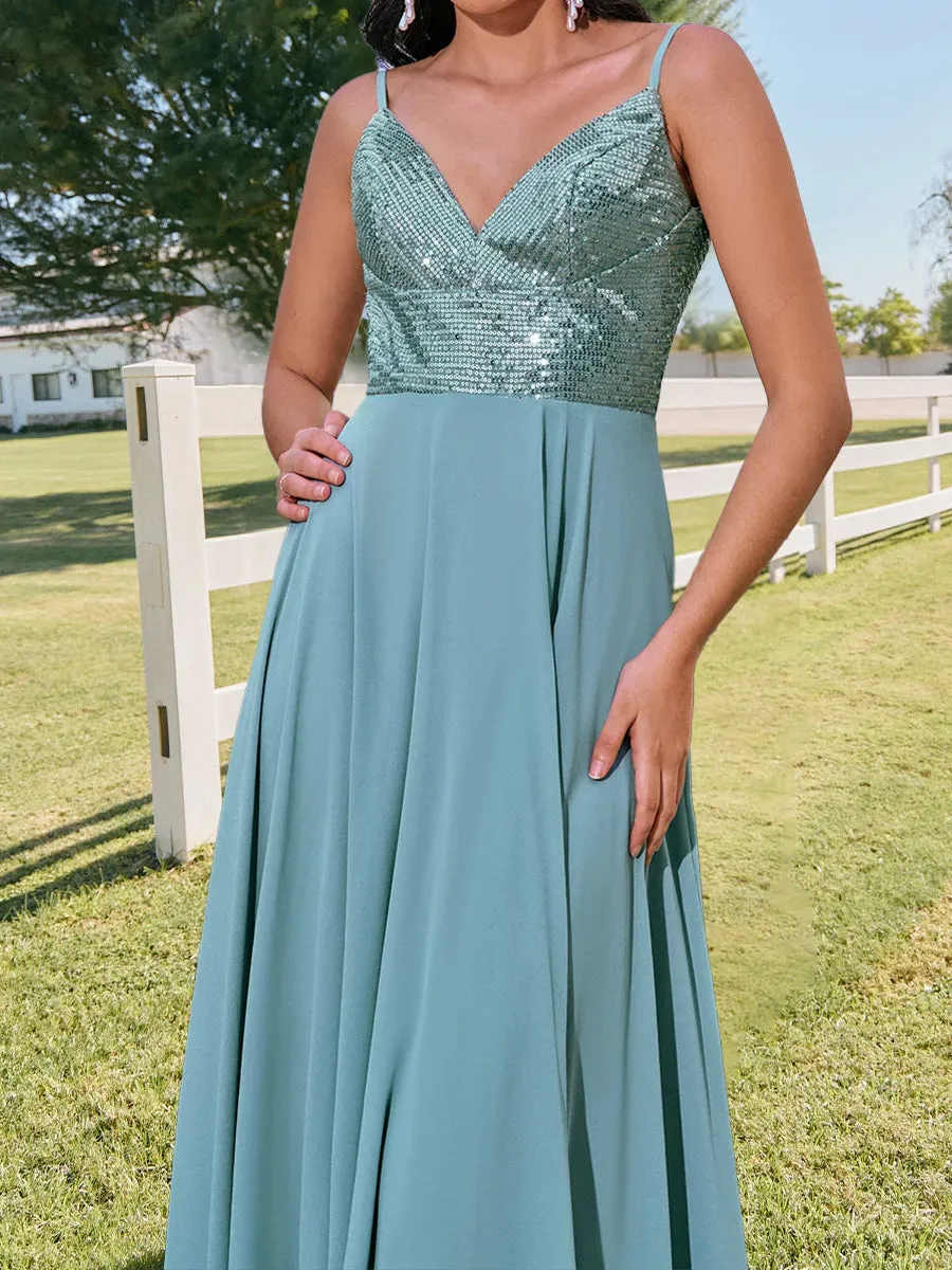 A-Line/Princess V-Neck Straps Floor-Length Long Bridesmaid Dresses with Sequins sold by Lavetir product image thumbnail 3