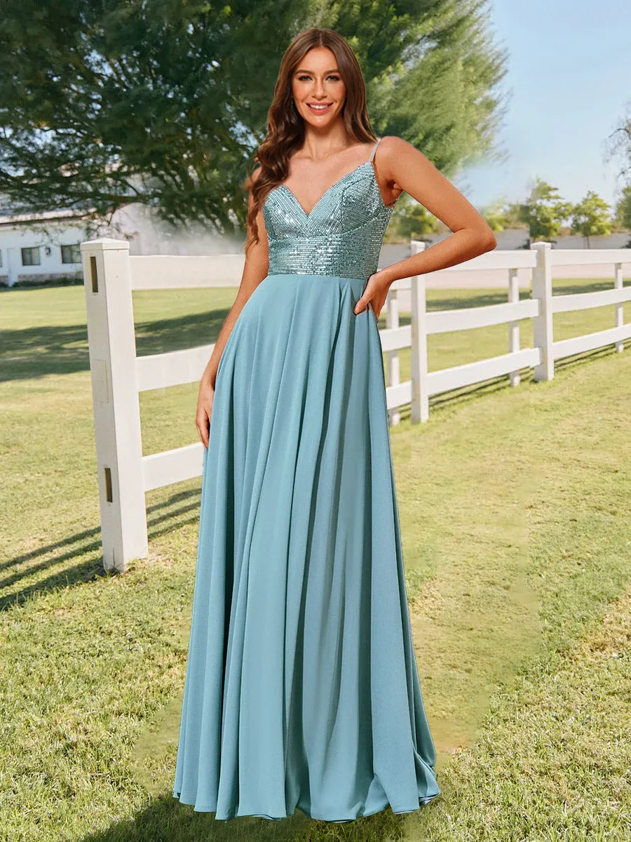 A-Line/Princess V-Neck Straps Floor-Length Long Bridesmaid Dresses with Sequins sold by Lavetir