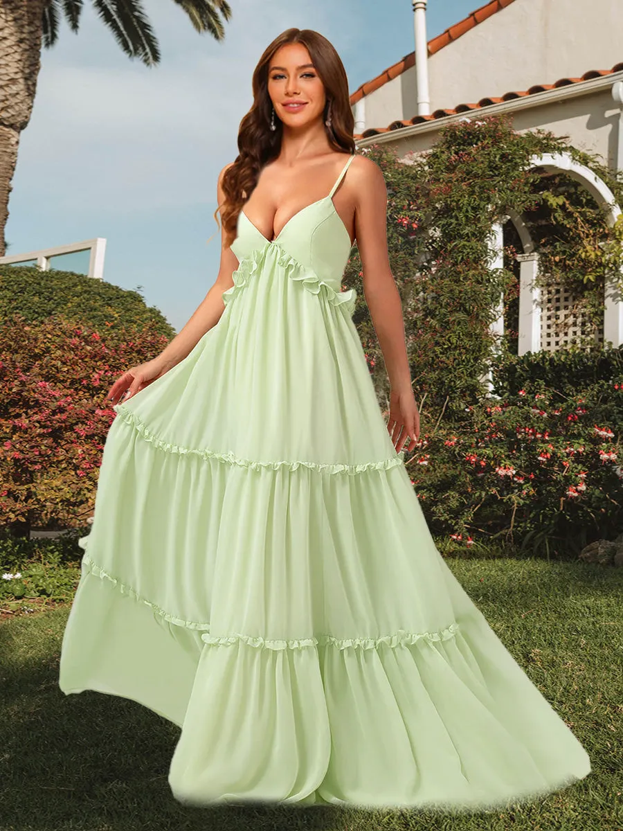 A-Line/Princess V-Neck Straps Floor-Length Long Ruffle Bridesmaid Dresses sold by Lavetir