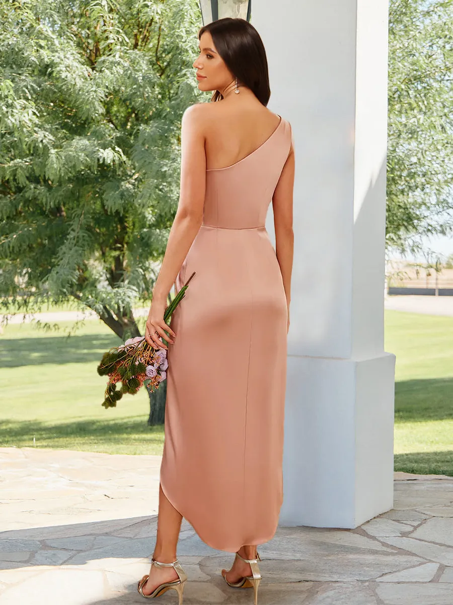 Sheath/Column One-Shoulder Pleated Tea-Length Bridesmaid Dresses with Ruffles sold by Lavetir product image thumbnail 2