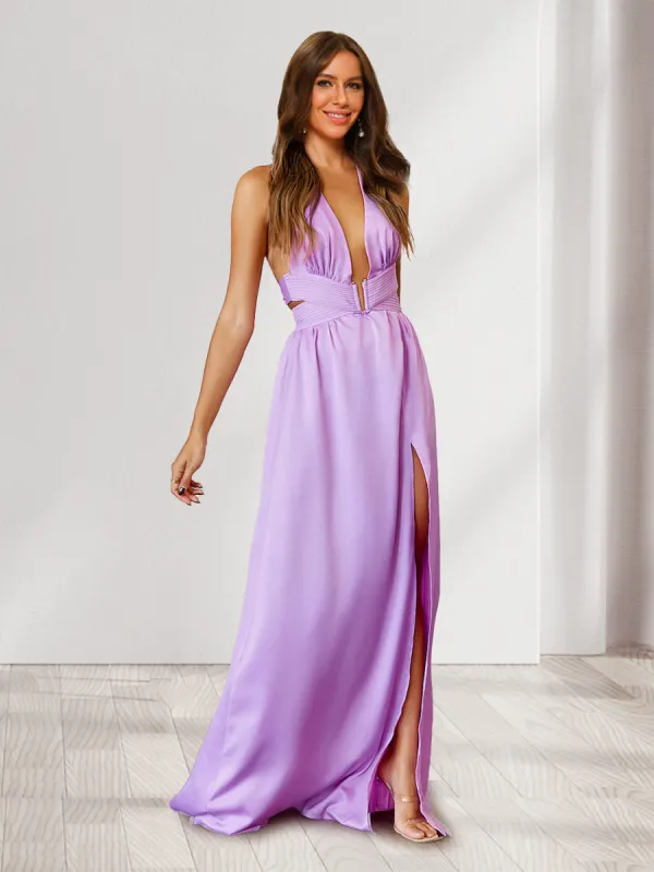 A-Line/Princess Halter Side Cuts Long Bridesmaid Dresses with Slit sold by Lavetir