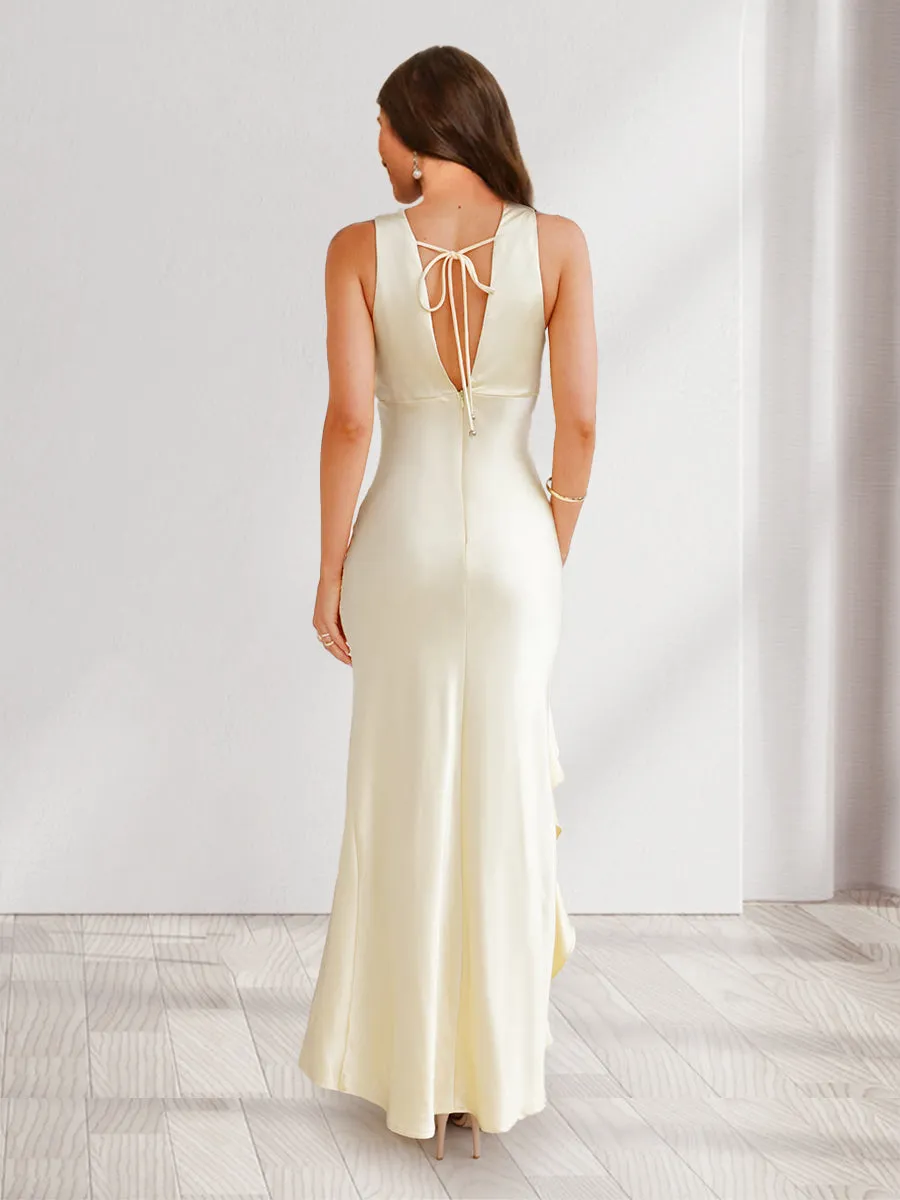 Sheath/Column Cowl Neck Tie Back Slit Long Bridesmaid Dresses with Ruffles sold by Lavetir product image thumbnail 2