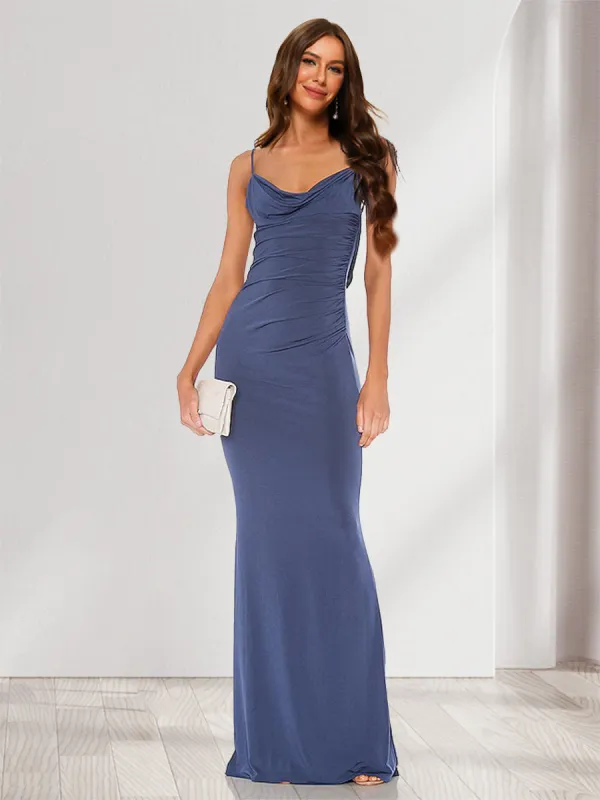 Sheath/Column Straps Cowl Neck Backless Floor-Length Long Bridesmaid Dresses with Lace sold by Lavetir