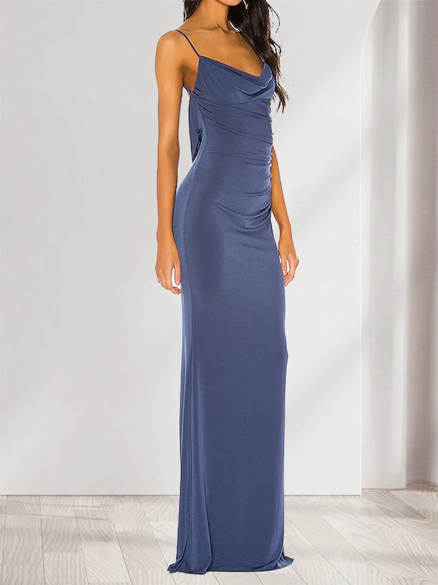 Sheath/Column Straps Cowl Neck Backless Floor-Length Long Bridesmaid Dresses with Lace sold by Lavetir product image thumbnail 3