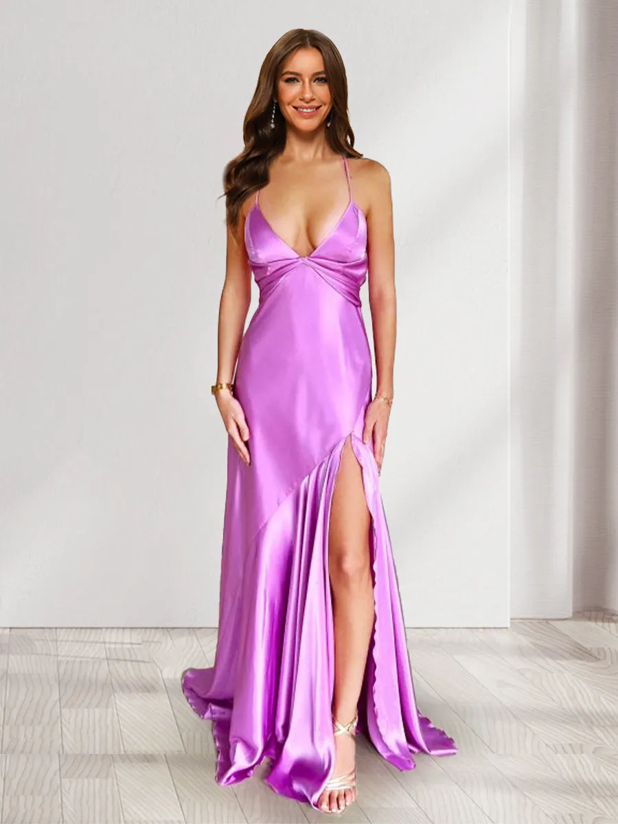 Sheath/Column Straps V-Neck Floor-Length Long Bridesmaid Dresses with Split Side sold by Lavetir