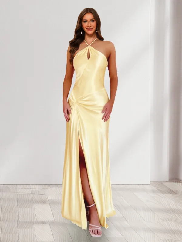 Sheath/Column Halter Keyhole Ruched Long Bridesmaid Dresses with Split Side sold by Lavetir