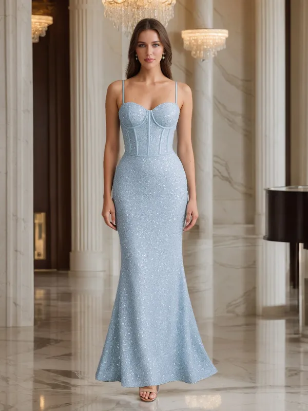 Trumpet/Mermaid Straps Corset Sequin Long Prom Dresses with Sweep Train sold by Lavetir