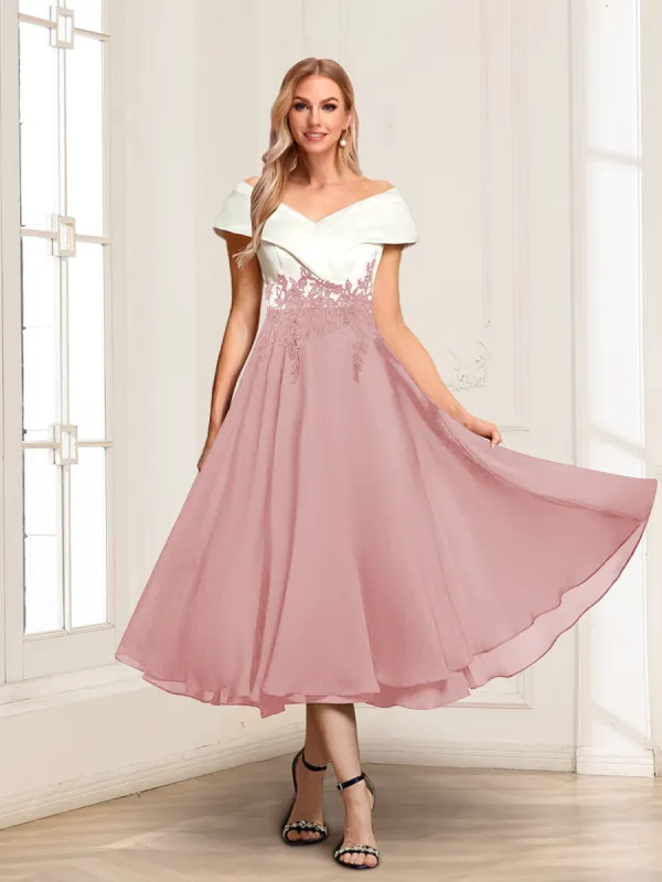 A-Line/Princess V-Neck Cap Sleeves Tea-Length Mother of the Bride with Appliques sold by Lavetir