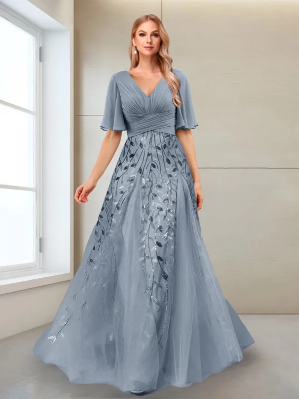 A-Line V-Neck Half Sleeves Split Side Mother of the Bride Dresses with Appliques sold by Lavetir