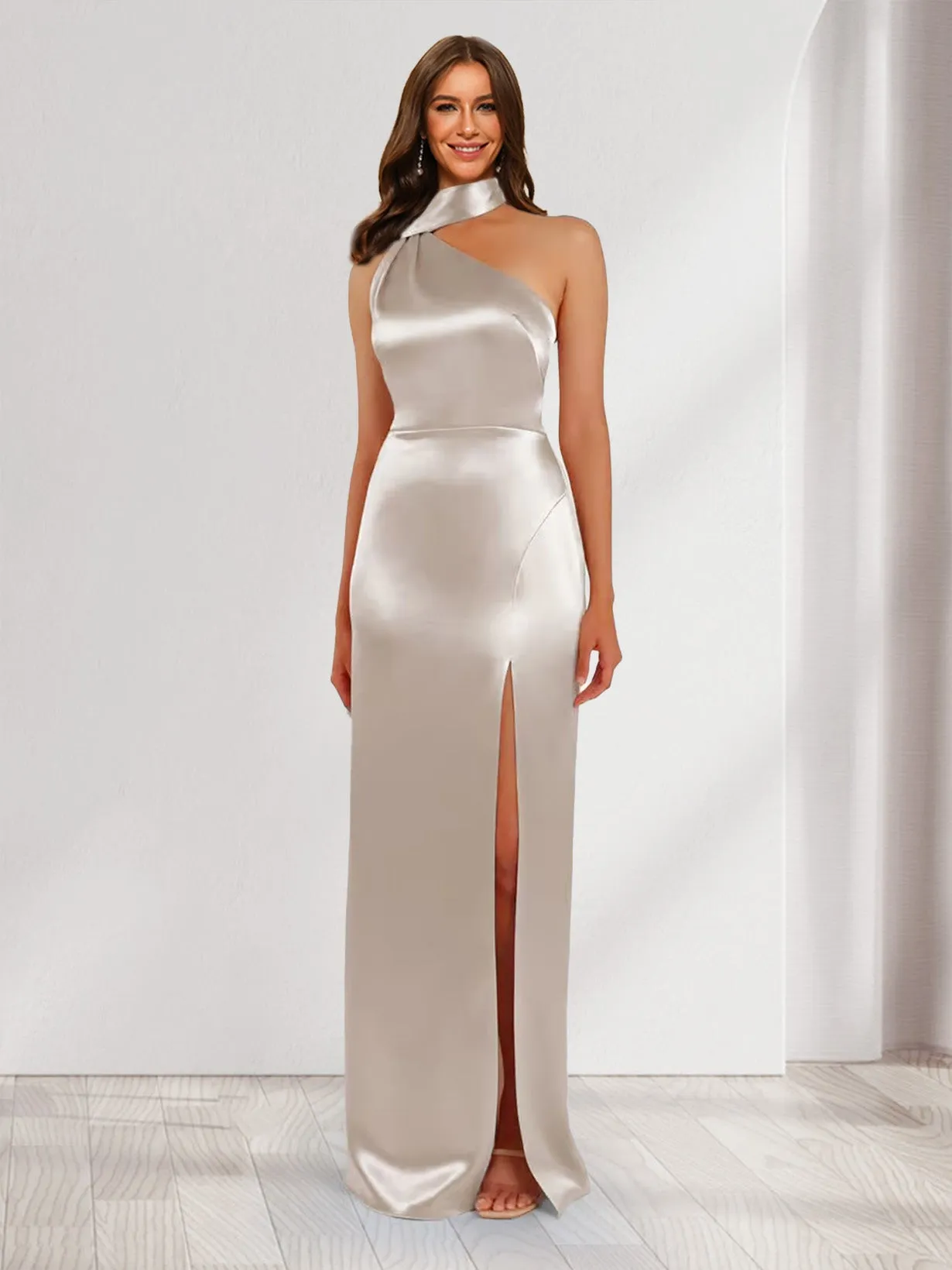 Sheath/Column Halter Maxi Dresses Long Bridesmaid Dresses with Neck Scarf sold by Lavetir