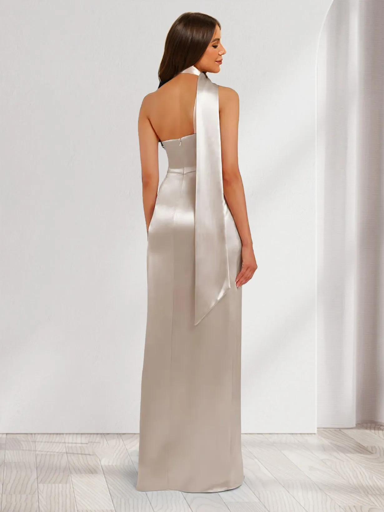 Sheath/Column Halter Maxi Dresses Long Bridesmaid Dresses with Neck Scarf sold by Lavetir product image thumbnail 2