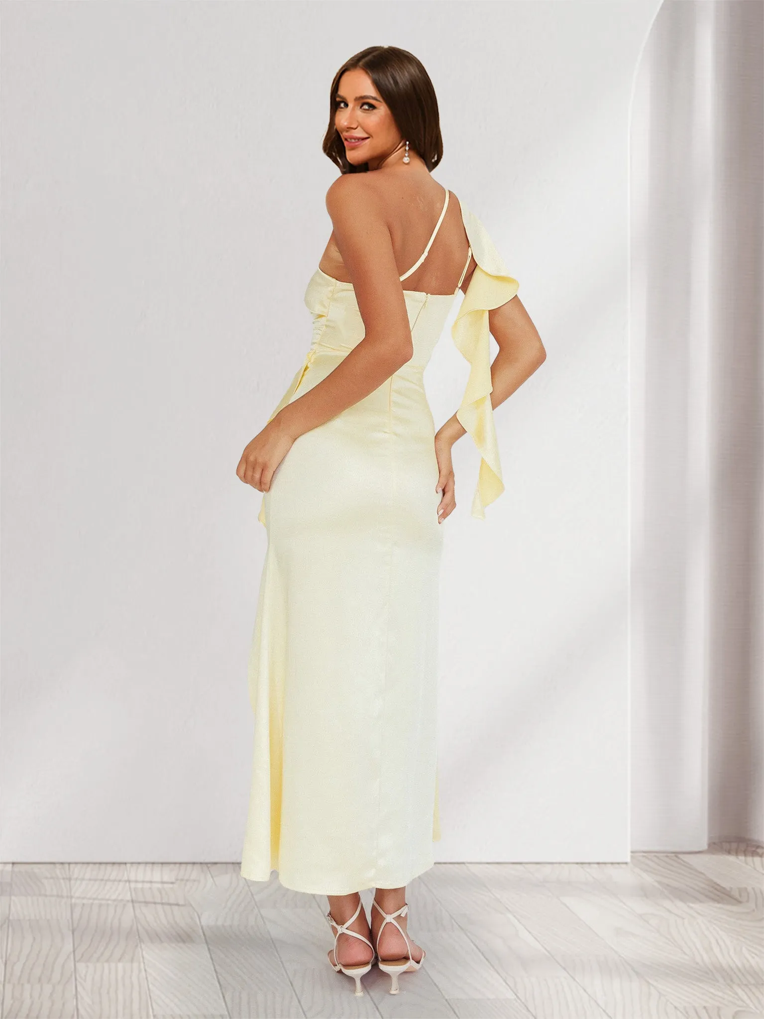 Sheath/Column One-Shoulder Ruflle Maxi Dresses Long Bridesmaid Dresses with Slit sold by Lavetir product image thumbnail 2