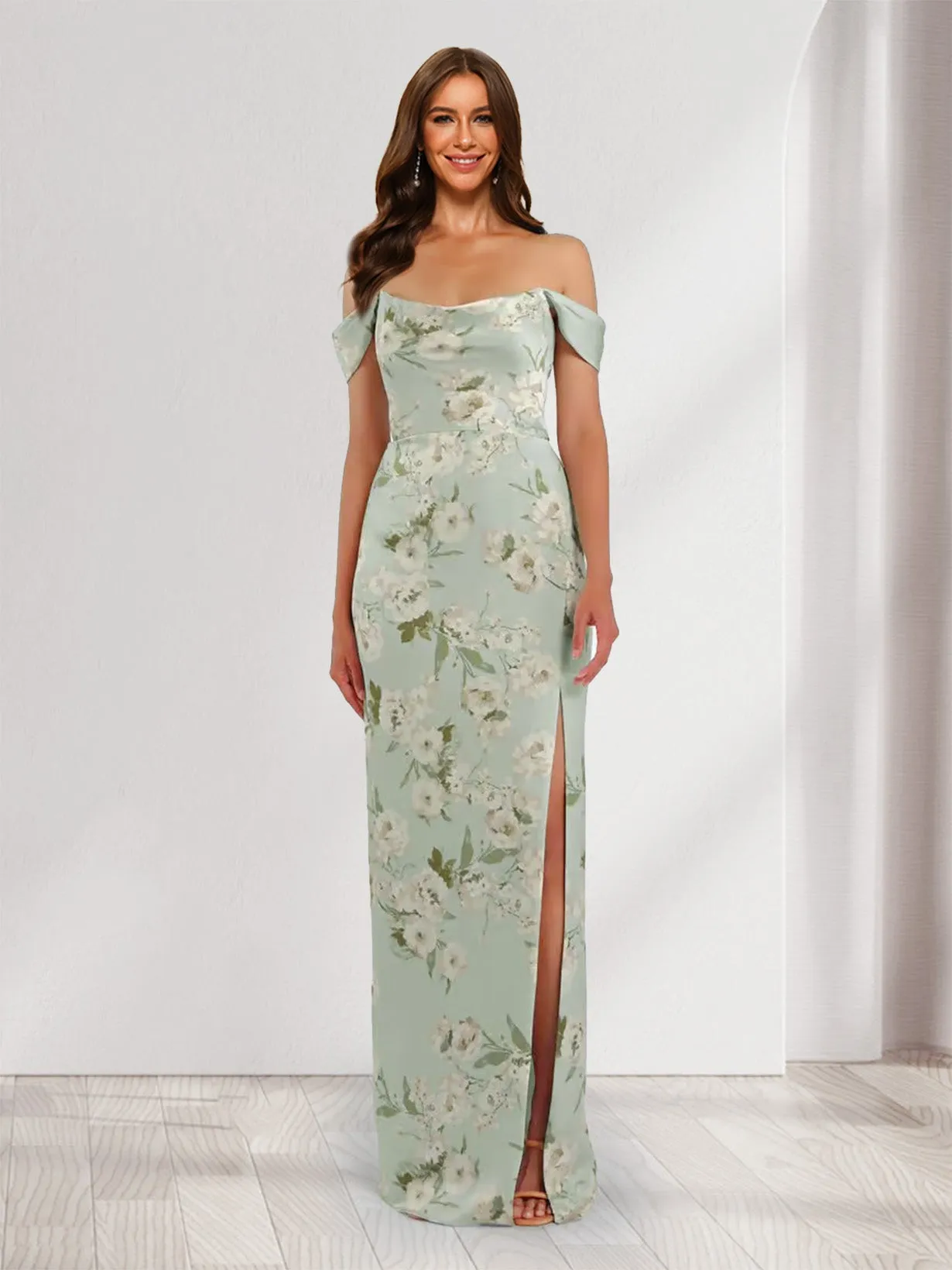 Sheath/Column Off-the-Shoulder Printed Floral Bridesmaid Dresses with Split Side sold by Lavetir product image thumbnail 3