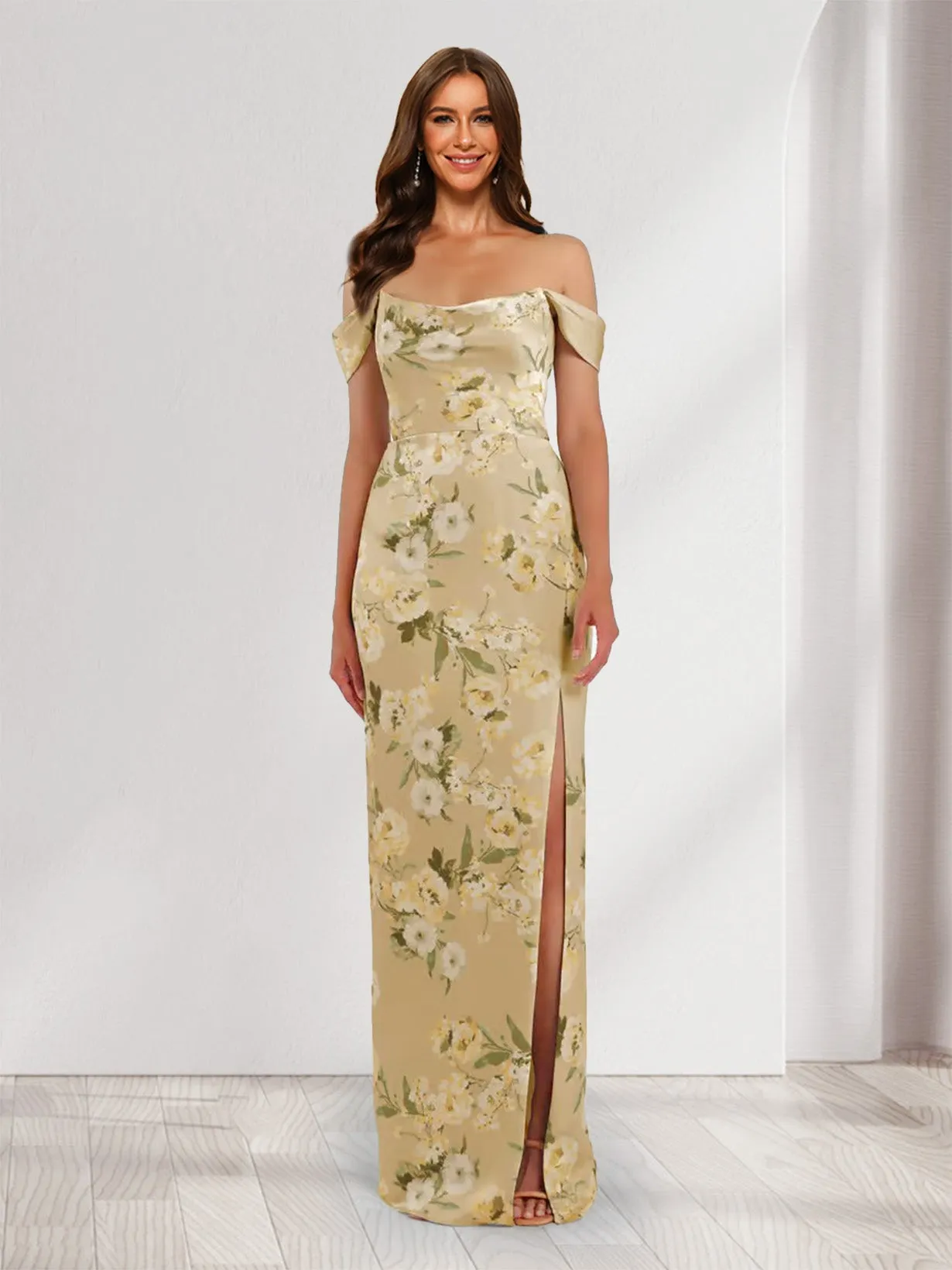 Sheath/Column Off-the-Shoulder Printed Floral Bridesmaid Dresses with Split Side sold by Lavetir