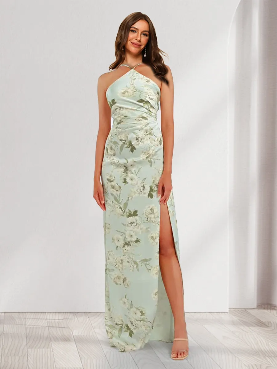 Sheath/Column Unique Halter Printed Floral Bridesmaid Dresses with Split Side sold by Lavetir