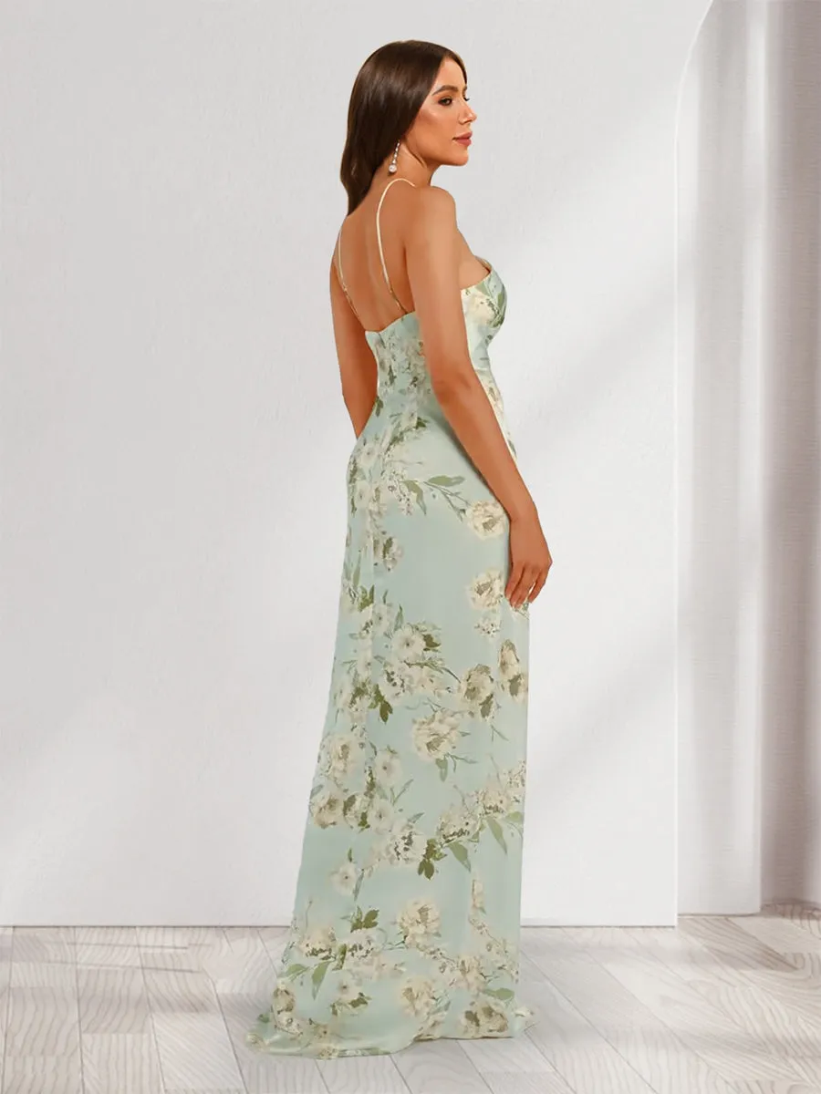 Sheath/Column Unique Halter Printed Floral Bridesmaid Dresses with Split Side sold by Lavetir product image thumbnail 2