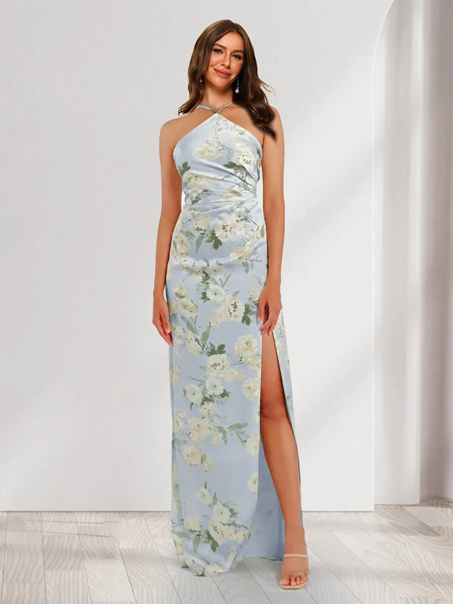 Sheath/Column Unique Halter Printed Floral Bridesmaid Dresses with Split Side sold by Lavetir product image thumbnail 4