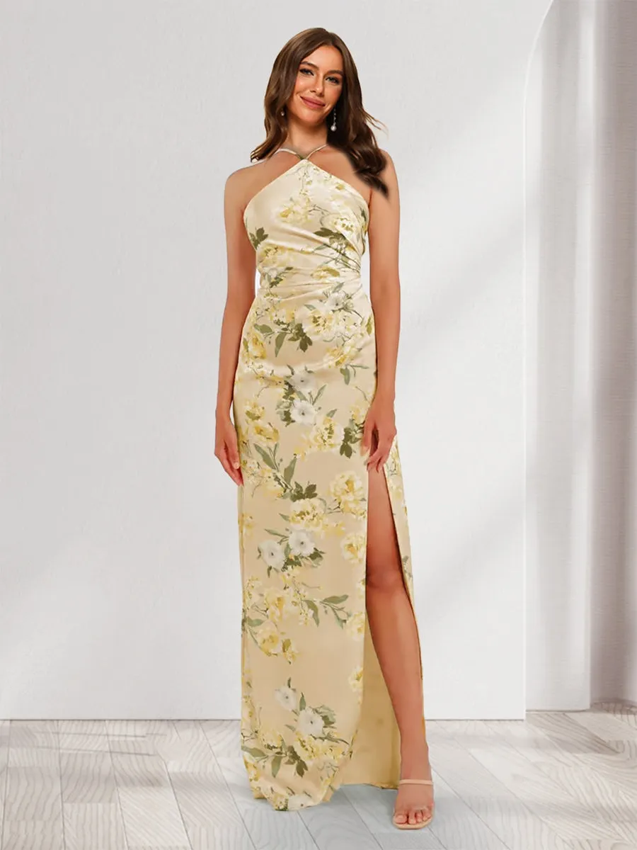 Sheath/Column Unique Halter Printed Floral Bridesmaid Dresses with Split Side sold by Lavetir product image thumbnail 3
