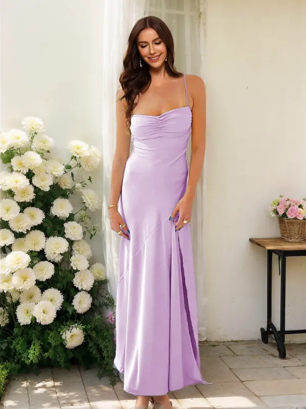 Sheath/Column Spaghetti Straps Pleated Maxi Dresses Long Party Dresses with Split Side sold by Lavetir