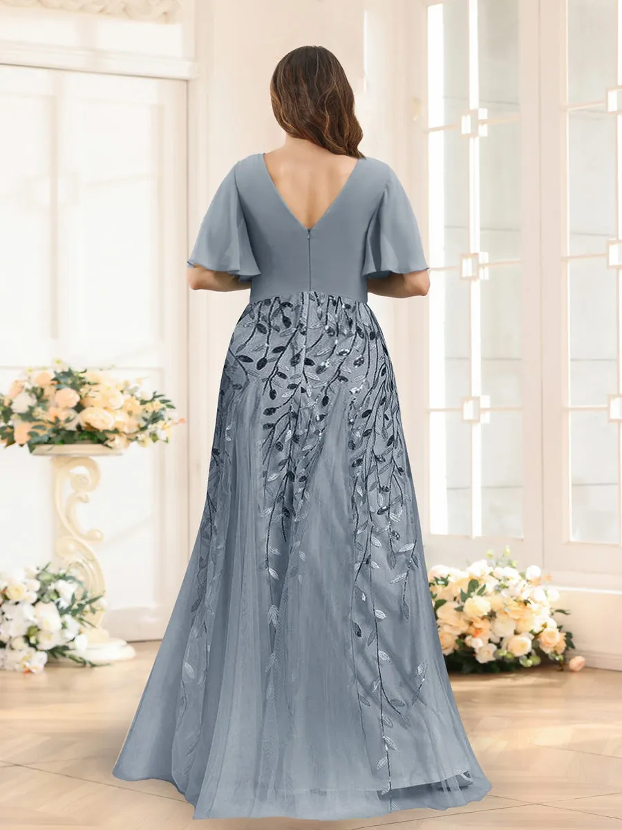 A-Line V-Neck Half Sleeves Split Side Chiffon Plus Size Bridesmaid Dresses With Appliques sold by Lavetir product image thumbnail 2
