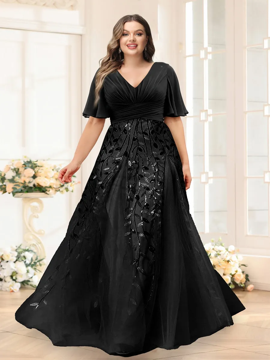 A-Line V-Neck Half Sleeves Split Side Chiffon Plus Size Bridesmaid Dresses With Appliques sold by Lavetir product image thumbnail 4
