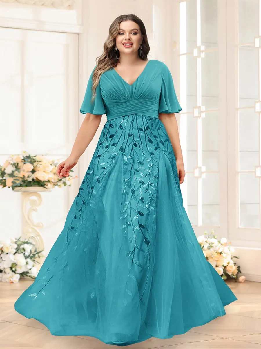 A-Line V-Neck Half Sleeves Split Side Chiffon Plus Size Bridesmaid Dresses With Appliques sold by Lavetir product image thumbnail 3