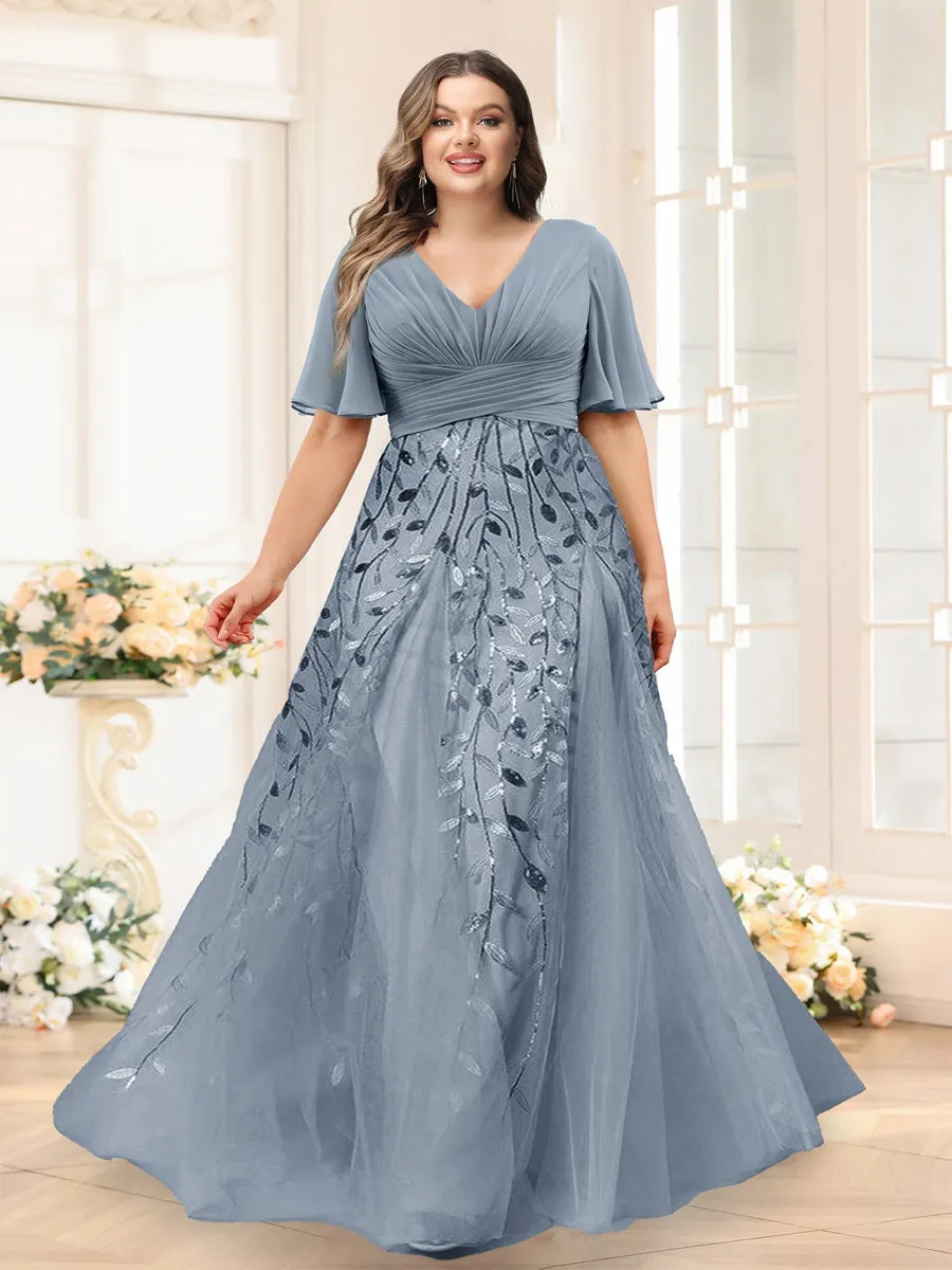 A-Line V-Neck Half Sleeves Split Side Chiffon Plus Size Bridesmaid Dresses With Appliques sold by Lavetir
