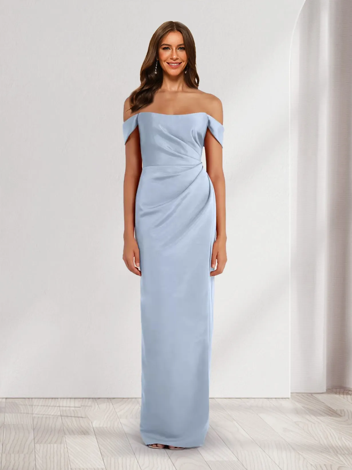 Sheath/Column Off-the-Shoulder Pleated Maxi Dresses Long Bridesmaid Dresses with Slit sold by Lavetir