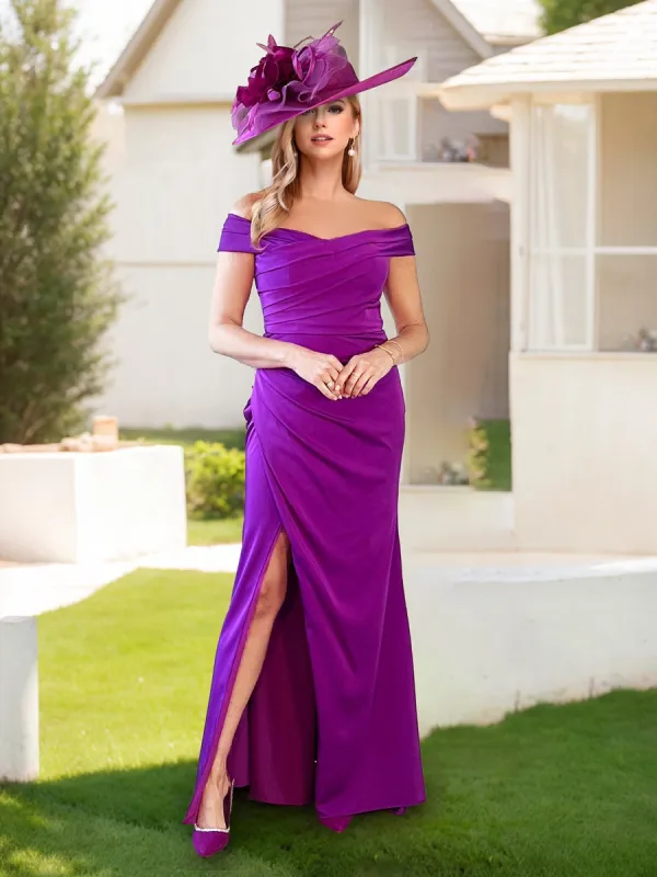 Sheath/Column Off-the-Shoulder Ruched Mother of the Bride Dresses with Slit sold by Lavetir