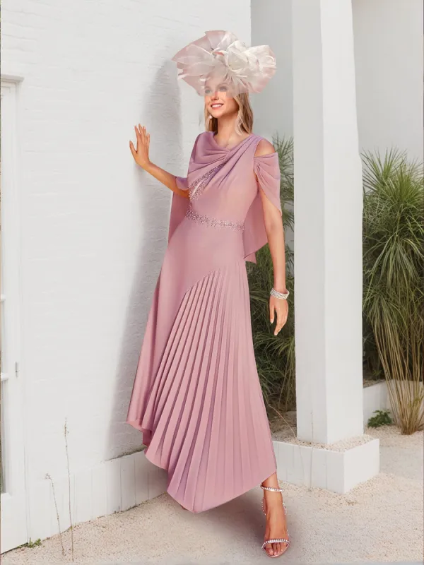 A-Line/Princess Asymmetrical Shoulder Beaded Mother of the Bride Dresses with Cape sold by Lavetir