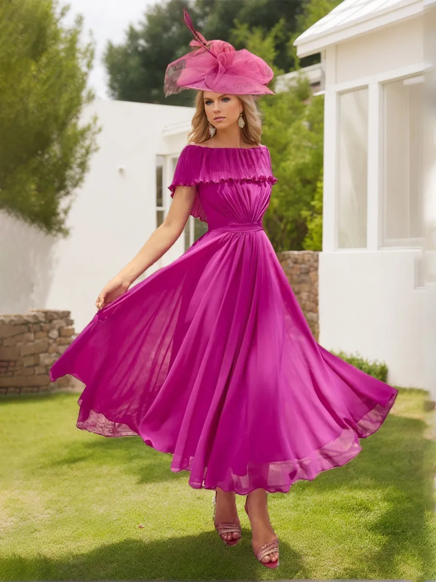A-Line/Princess Boat Neck Ankle-Length Pleated Mother of the Bride Dresses with Ruffles sold by Lavetir