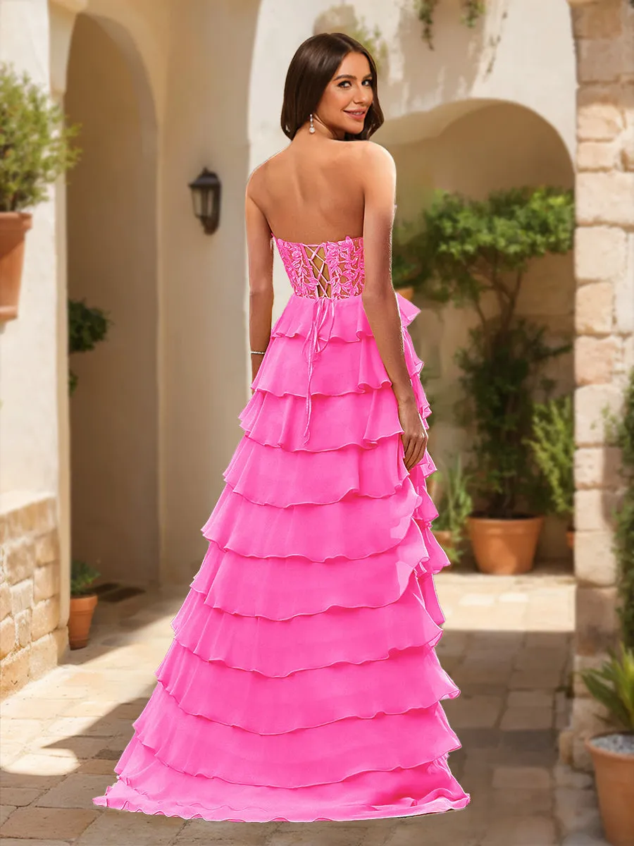 A-Line/Princess Sweetheart Sheer Corset Appliques Ruffle Prom Dresses sold by Lavetir product image thumbnail 2