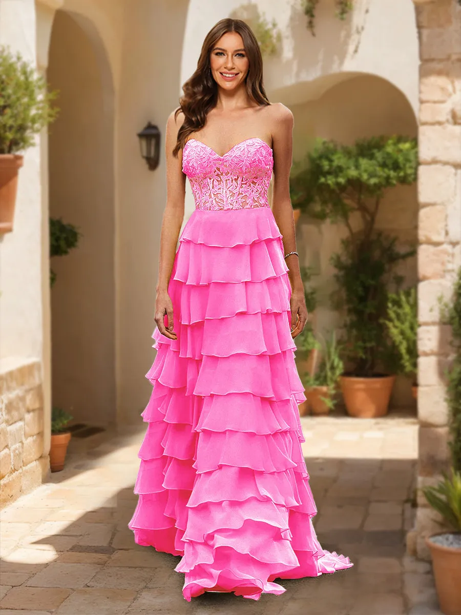 A-Line/Princess Sweetheart Sheer Corset Appliques Ruffle Prom Dresses sold by Lavetir