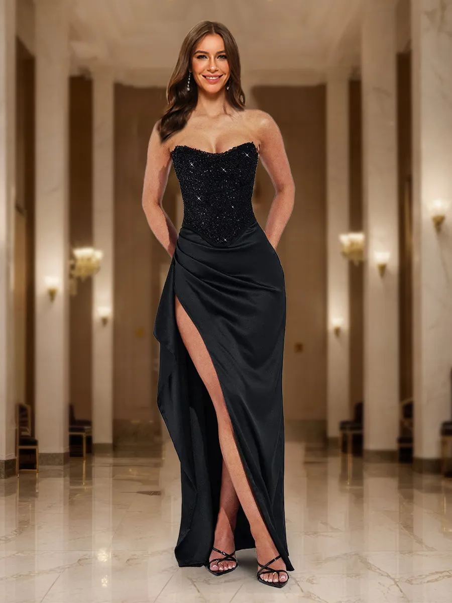 Sheath/Column Strapless Sequin Bodice Ruffle Party Dresses Long Prom Dresses sold by Lavetir